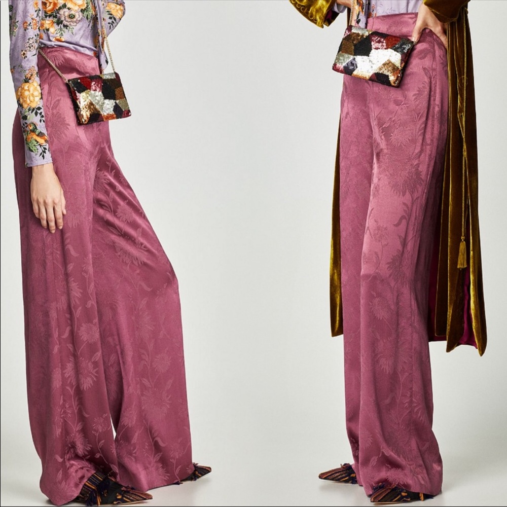NWT ZARA Satin Jacquard Wide Leg Pants